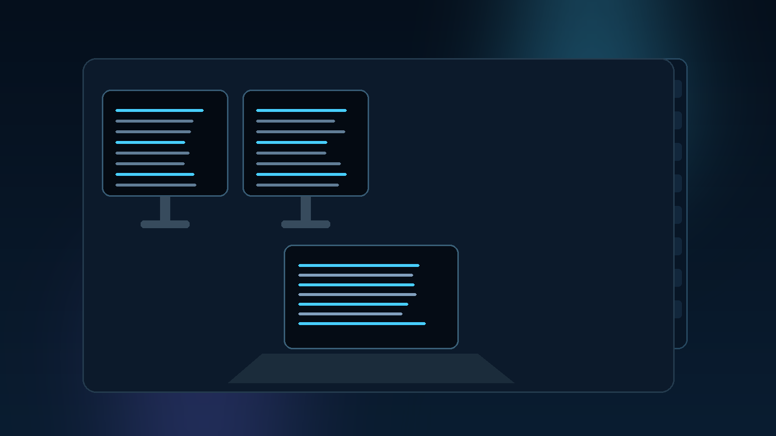 Donkere technische werkplek met beeldschermen en servers